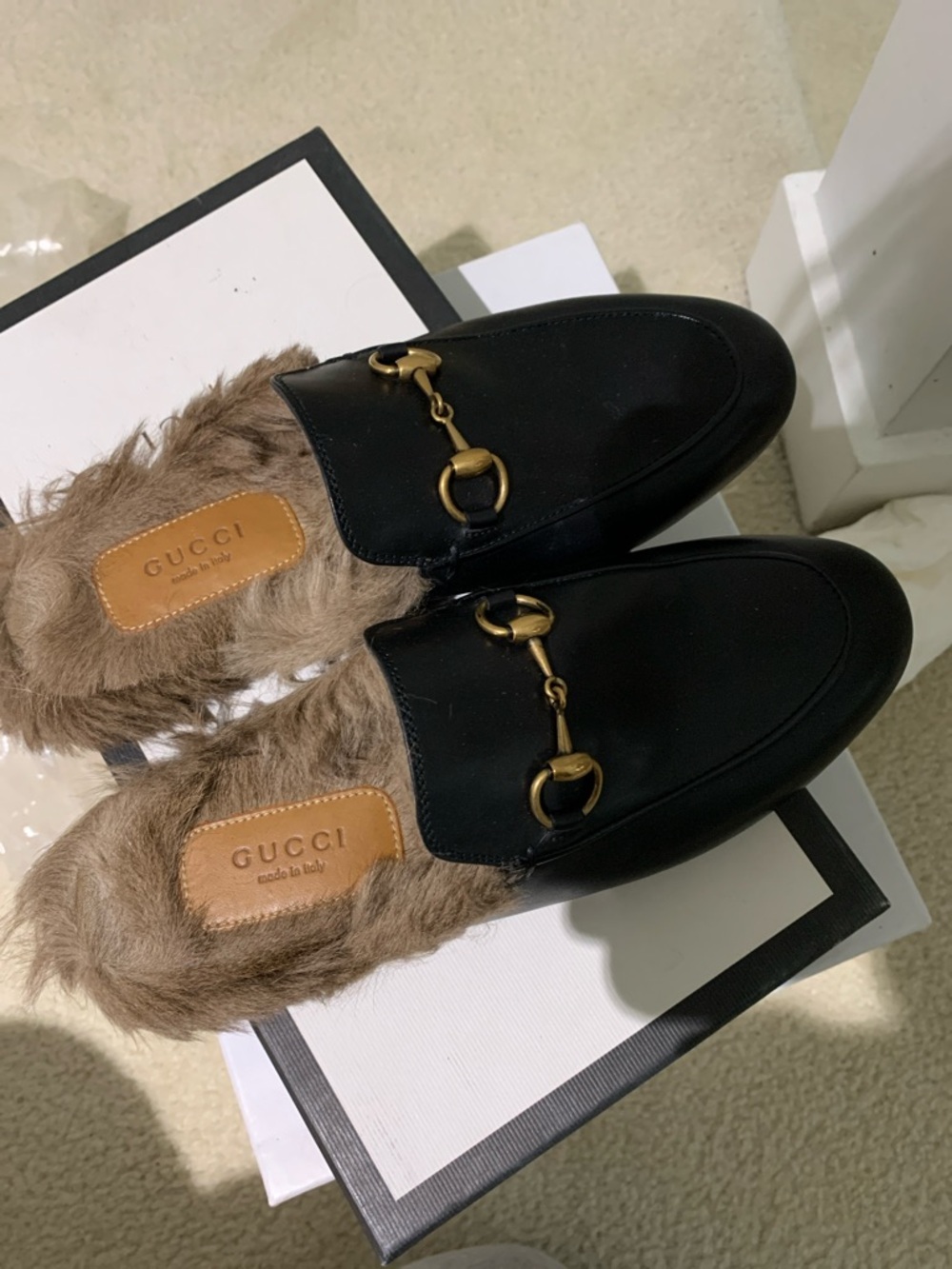Gucci Black Leather Fur-Lined Horsebit Slippers